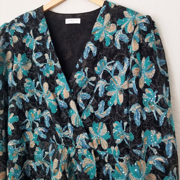 Sandro Bleen Faux-Wrap Mini Tulle Dress Embroidered Sequins EU 42, US 10-12 $445 - Picture 12 of 16